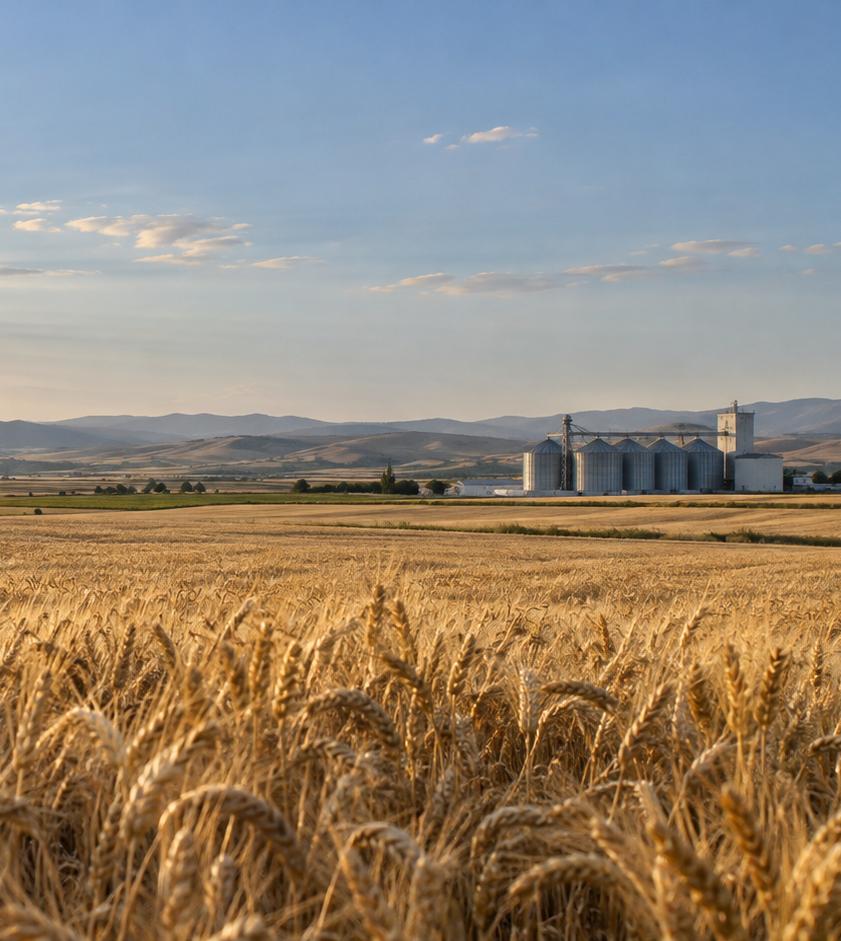 Grain silos and a wheat field
