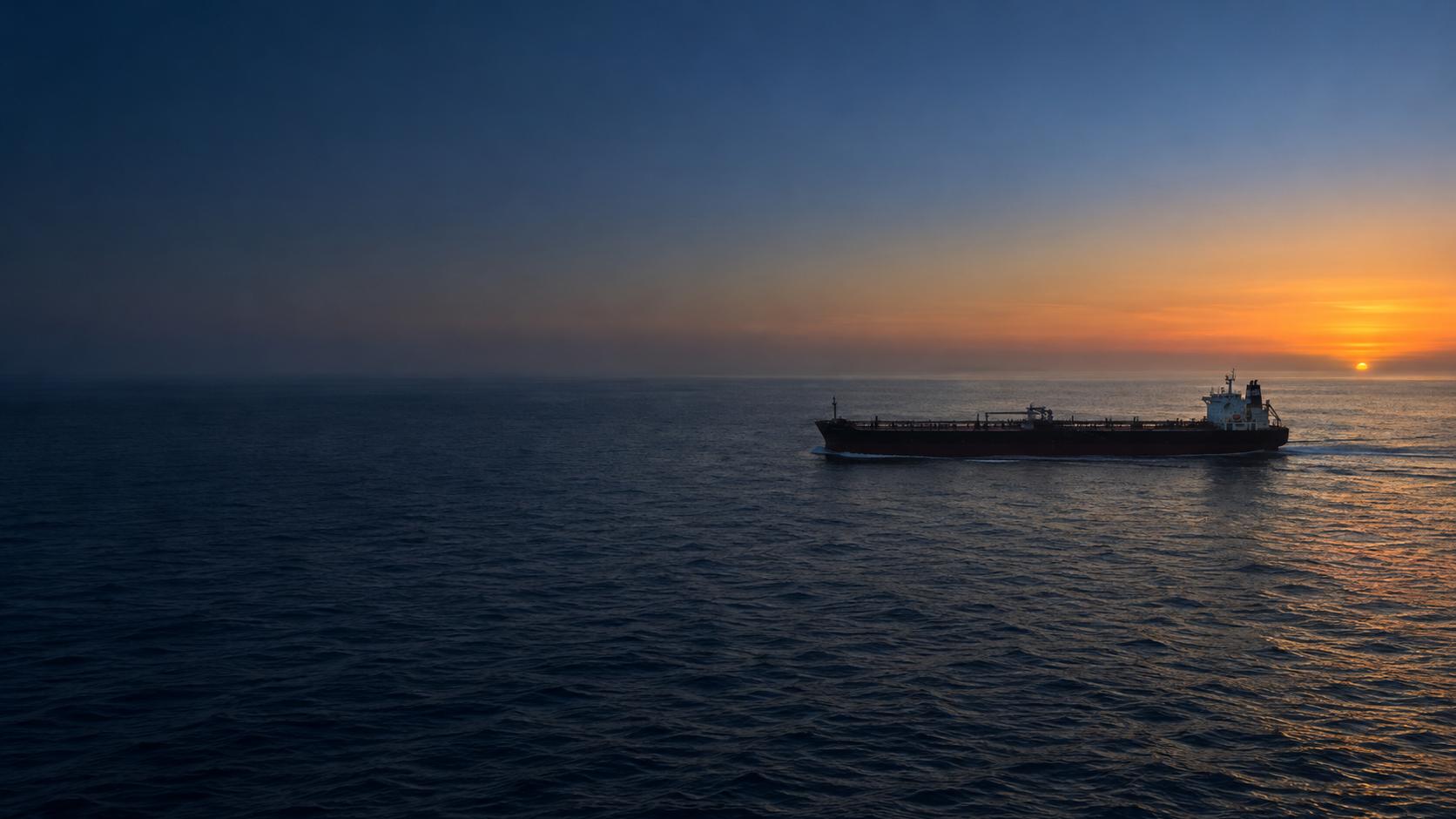Tanker sailing at sunset