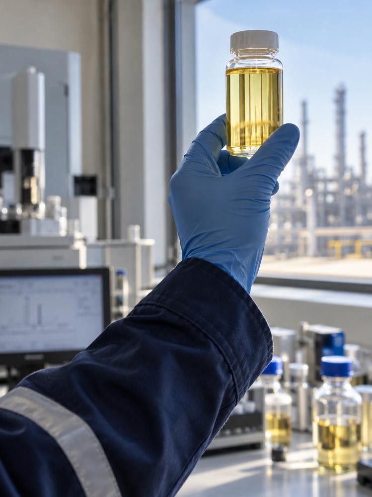 Laboratory technician inspecting a fuel sample
