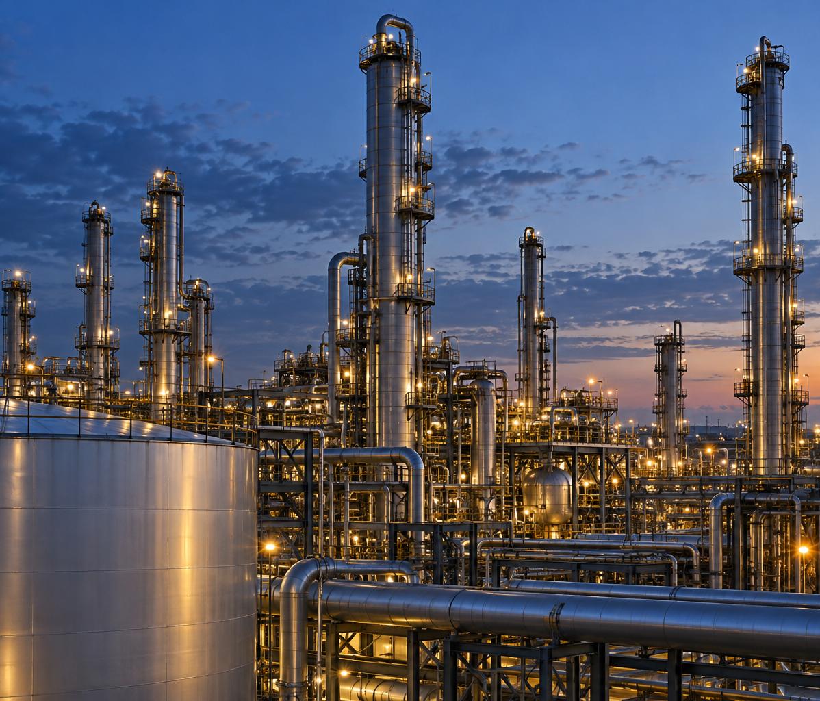Refinery towers illuminated at dusk