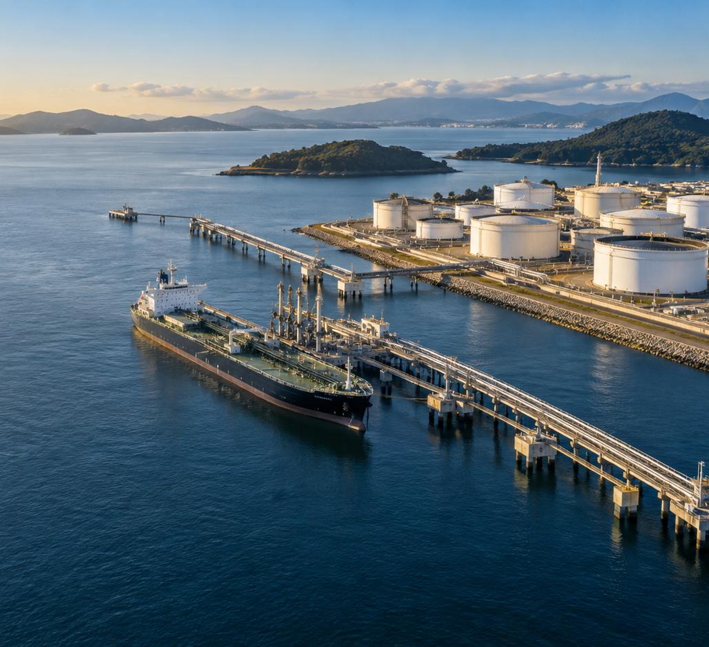 Aerial view of a coastal oil terminal with a tanker at the jetty